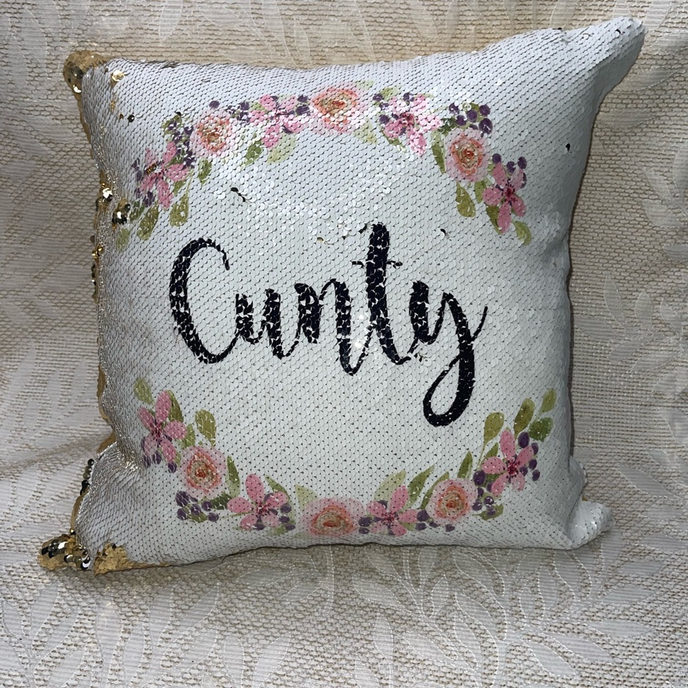 Floral white and Gold Sequin Pillow with Script